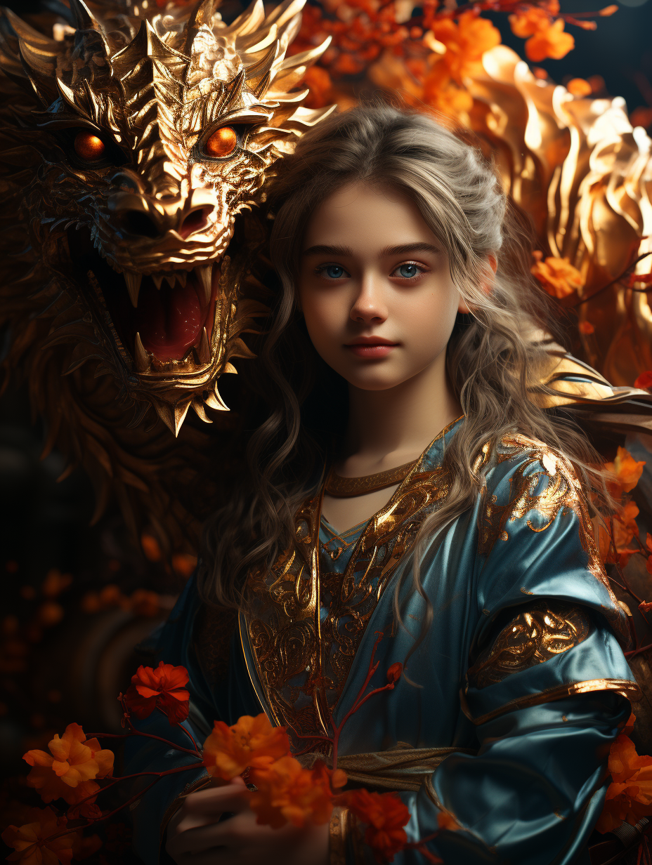 close up,In front of the Gold stamping dragon stands a Chinese beautiful girl,12 years old,Tin foil gold and red and blue,wearing a gorgeous Hanfu,Tin foil gold and red and blue,Chinese Gold stamping dragon,grand scene,minimalism,Chinese dragon,C4D rendering,Surrealism,master works, movie lighting, Ultra HD, fine details, color grading,32K HD Midjourney中文版